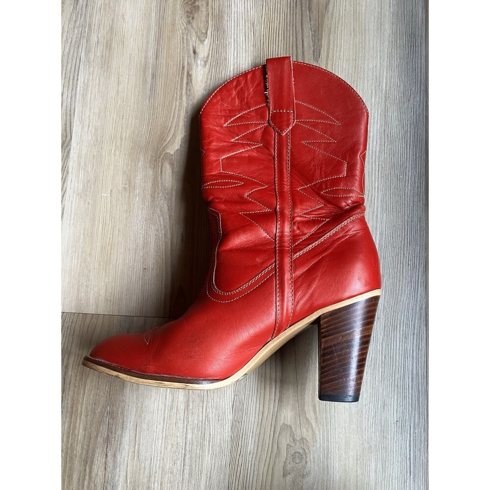 Vintage Poppies Red Leather Western Women's Mid-Calf Boots Pointed Toe Size 9M